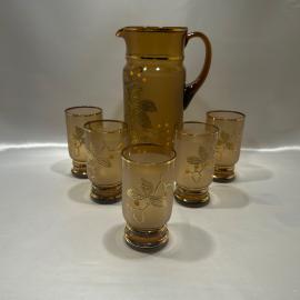 Набор для напитков кувшин и 5 стаканов "Рябина", Чехословакия, цветное стекло, роспись, позолота