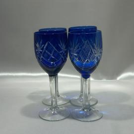 Набор фужеров для вина 4 штуки "Море", цветной накладной хрусталь, винтаж, СССР