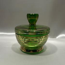 Ваза конфетница Бонбоньерка "Золотые линии", цветное стекло, позолота, Чехословакия, винтаж