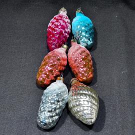 Набор елочных украшений 6 штук "Шишки", стекло, винтаж, СССР