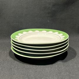 Набор десертных тарелок 5 штук "Зеленый узор", Рижский ФЗ, фарфор, позолота, винтаж, СССР