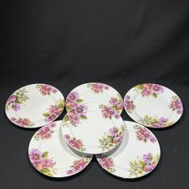 Набор пирожковых тарелок 6 штук "Фиалки" YAMASEN, фарфор, деколь, позолота, винтаж, Япония