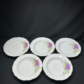 Набор суповых тарелок 5 штук "Ирисы", Дулевский ФЗ, фарфор, деколь, винтаж, 1988 год