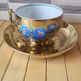 Винтажная советская чайная пара "Васильки в золотых тонах" СССР, ДФЗ