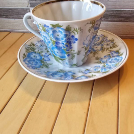 Чайная пара фарфоровая "Голубые цветы", советский фарфор ЛФЗ, СССР, винтаж, вторая половина 20 века